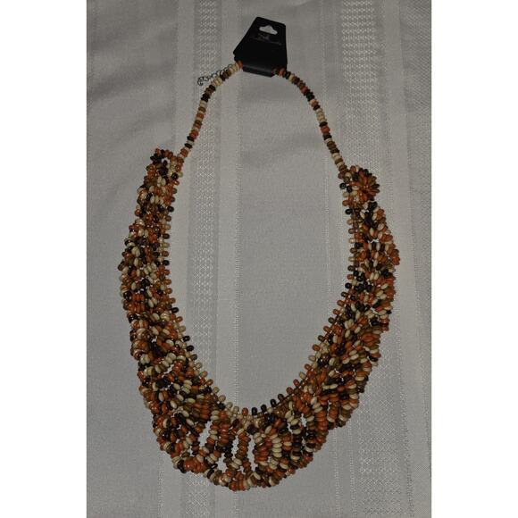 Multi Strand Seed Beads Necklace Fashion Fall Color Orange Brown Cream Costume - Picture 6 of 9